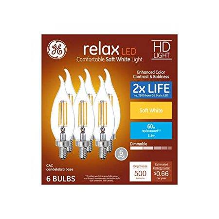 GE Relax 6-Pack LED Decorative 60 W Equivalent Dimmable Soft White Ca12 LED Light Bulbs Decorative Candelabra Antique