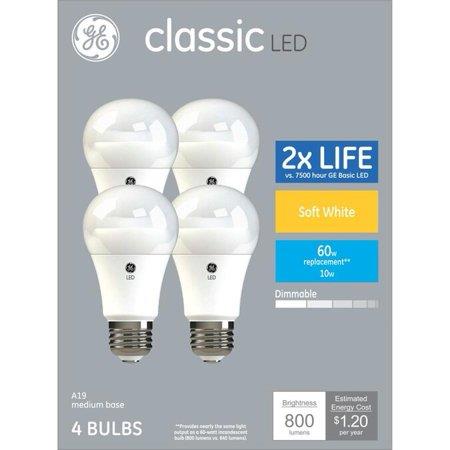 GE Classic LED 60 Watt Replacement A19 Soft White Dimmable 800 Lumens (4 Pack)